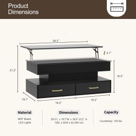 Modern Lift Top Coffee Table, High Glossy Coffee Table with 16 Colors LED Lights, Lift top Coffee Table with 2 Drawers