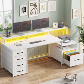 White Computer Desk with 5 Drawer & Power Outlet, 66'' Home with File Drawer, Storage Shelves,Monitor Shelf,with Led Lights