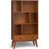 Draper SOLID HARDWOOD 35 Inch Mid Century Modern Wide Bookcase and Storage Unit in Teak Brown, For the Living Room, Study Room