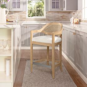 Americana Mid-Century Modern 26" Cane Back Counter Stool, Ivory White Boucle