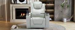 270 Degree Swivel PU Leather Power Recliner Individual Seat Home Theater Recliner with Surround Sound, Cup Holder, Removable Tray Table
