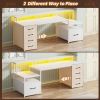 White Computer Desk with 5 Drawer & Power Outlet, 66'' Home with File Drawer, Storage Shelves,Monitor Shelf,with Led Lights