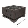 26 Inch Square Fire Pit with BBQ Grill, Outdoor Wood Burning Firepit with Poker
