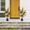 Artificial Camellia Tree, 35in Faux Camellia Plant in Pot with Orange Flowers for Spring Home Front Door Outdoor Indoor Decoration