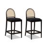Panama 26.5" Curved Back Cane Rattan Counter Stool, Set of 2, Ebony Black Boucle
