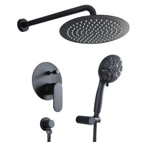 10-in. Wall Mount Concealed Round High Pressure Rainfall 360 Degree Adjustment Shower Head with 5-function Handheld Spray Combo (Shower head size: 10 inch, Color: Matte black)
