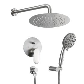 10-in. Wall Mount Concealed Round High Pressure Rainfall 360 Degree Adjustment Shower Head with 5-function Handheld Spray Combo (Shower head size: 10 inch, Color: Brushed Nickel)