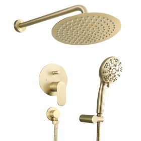 10-in. Wall Mount Concealed Round High Pressure Rainfall 360 Degree Adjustment Shower Head with 5-function Handheld Spray Combo (Shower head size: 10 inch, Color: Gold)