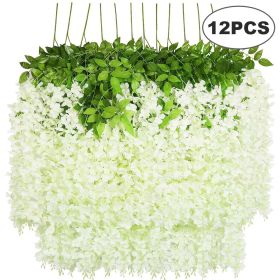 Fake Hanging Flowers 12 Pieces 3.75 Feet Artificial Wisteria Vine Ratta Hanging Garland Silk Flowers for Home Party Wedding Deco (Color: Milk white)