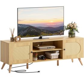 IRONCK TV Stand for 70 Inch, with Power Outlet, Entertainment Center with 2 Cabinets, Rattan TV Console with Adjustable Shelf, (Color: Natural)