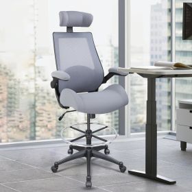 BOLISS 400lbs High-Back Mesh Ergonomic Drafting Chair,Tall Office Chair, Standing Desk Chair,Adjustable Headrest,with Flip-Up Ar (Color: Grey)