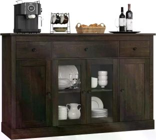 Dining Cabinet, 55 "large Kitchen Storage Cabinet with Drawers | Glass Door, Wooden Buffet Table Dining Cabinet, White/black (Color: Dark Brown)