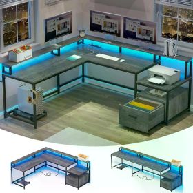 SEDETA L Shaped Desk, 66" Home Office Desk with File Drawer & Power Outlet, Gaming Desk with Led Lights, Corner Computer Desk (Color: Grey)
