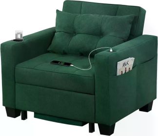 Sofa bed with convertible three in one USB port pull-out bed, living room armchair bed (light gray linen) (Color: Green Linen)