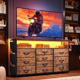 EnHomee Dresser TV Stand with 10 Drawers for 55" TV Stand for Bedroom with LED Lights & Power Outlets Wide Dresser for Bedroom (Color: Rustic Brown)