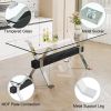 Dining table. Modern tempered glass dining table. Large modern office desk with silver plated metal legs and MDF crossbars