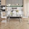 Dining table. Modern tempered glass dining table. Large modern office desk with silver plated metal legs and MDF crossbars