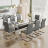 Dining table. Modern tempered glass dining table. Large modern office desk with silver plated metal legs and MDF crossbars