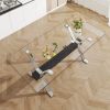 Dining table. Modern tempered glass dining table. Large modern office desk with silver plated metal legs and MDF crossbars