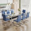 Dining table. Modern tempered glass dining table. Large modern office desk with silver plated metal legs and MDF crossbars