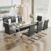 Dining table. Modern tempered glass dining table. Large modern office desk with silver plated metal legs and MDF crossbars