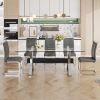 Dining table. Modern tempered glass dining table. Large modern office desk with silver plated metal legs and MDF crossbars